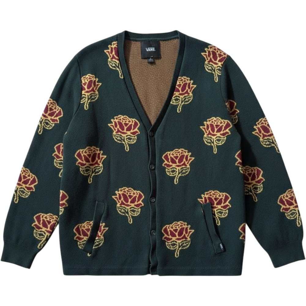 Vans Rose Print Cardigan Medium Green Floral Knit Button Sweater Skater Indie